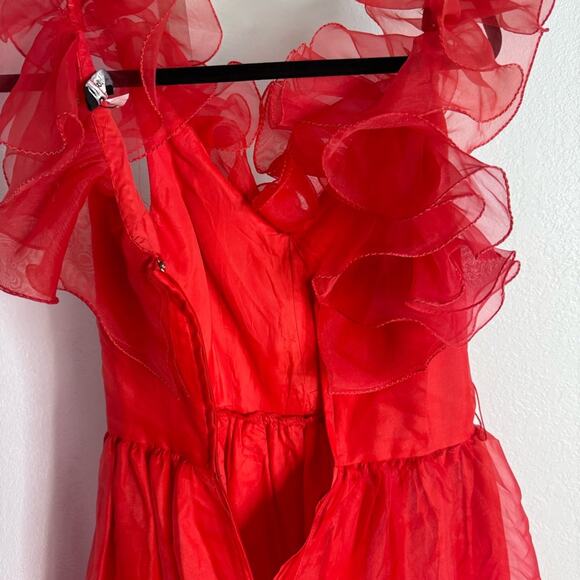Vintage 80s Red Puffy Ruffle Dress Organza USA Union Made Small - Picture 14 of 14